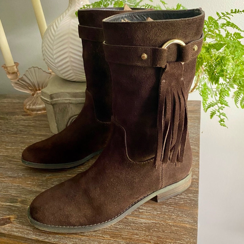 Michael Kors Rhea Suede Leather Fringe Pull On Moccasin Mid Calf Boots Women 7.5 - Picture 4 of 13